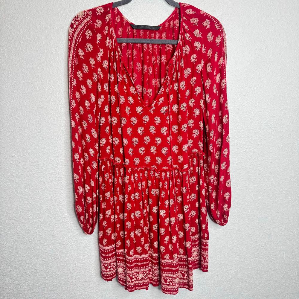 Zara Trafaluc Red Floral Boho Mini Dress Long Sleeve XS Flowy